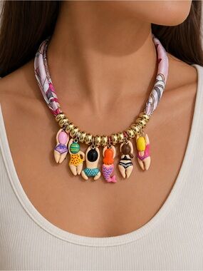 Summer Beach Babe Charm Scarf Necklace Pink Silk Statement Jewelry